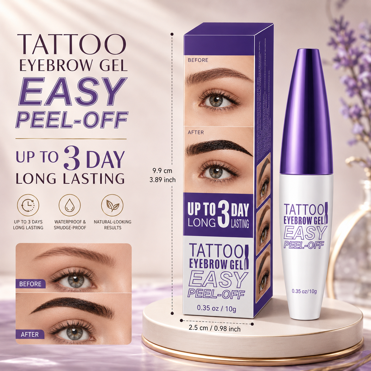 Eyebrow gel package dimensions and before and after results
