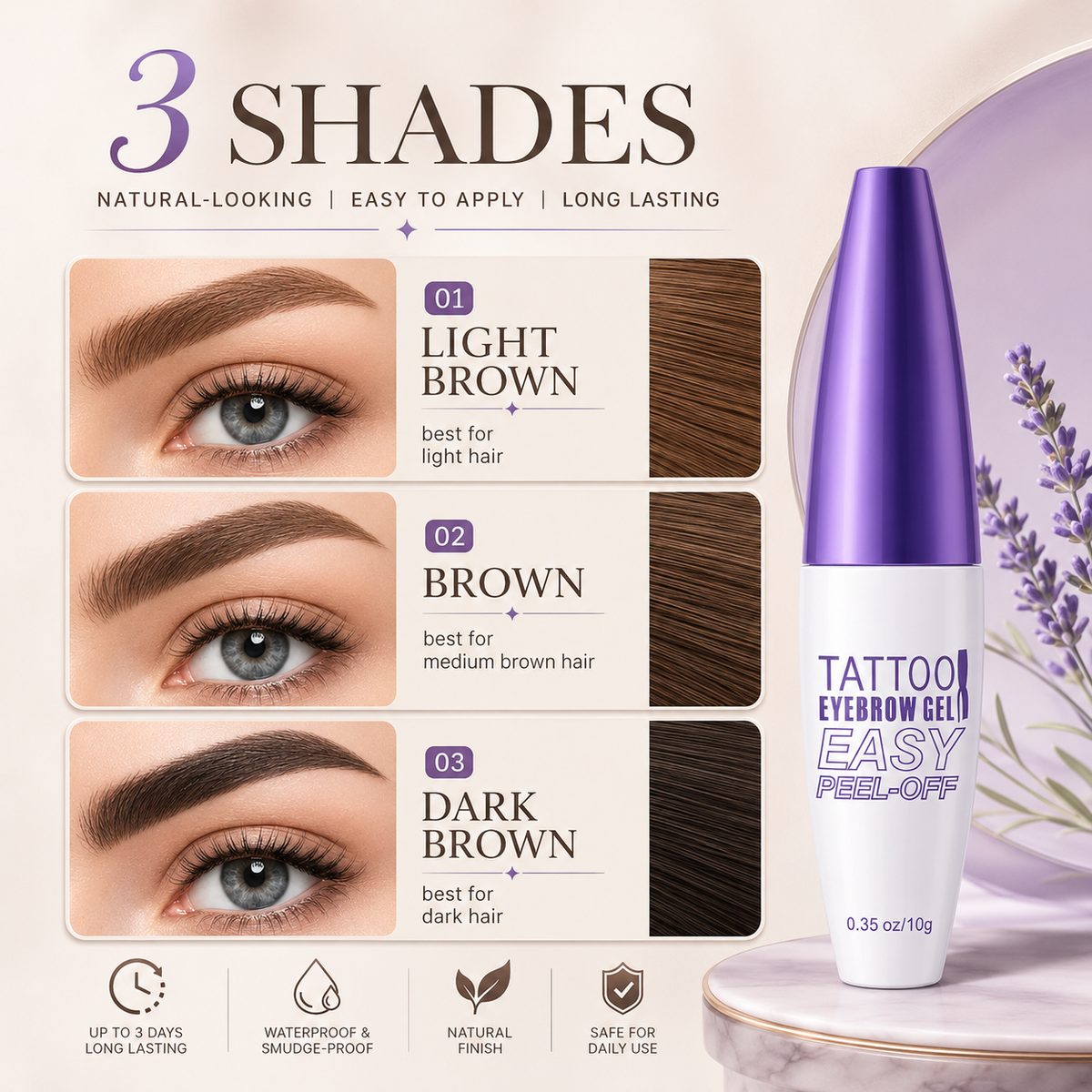 Three natural eyebrow tint shades