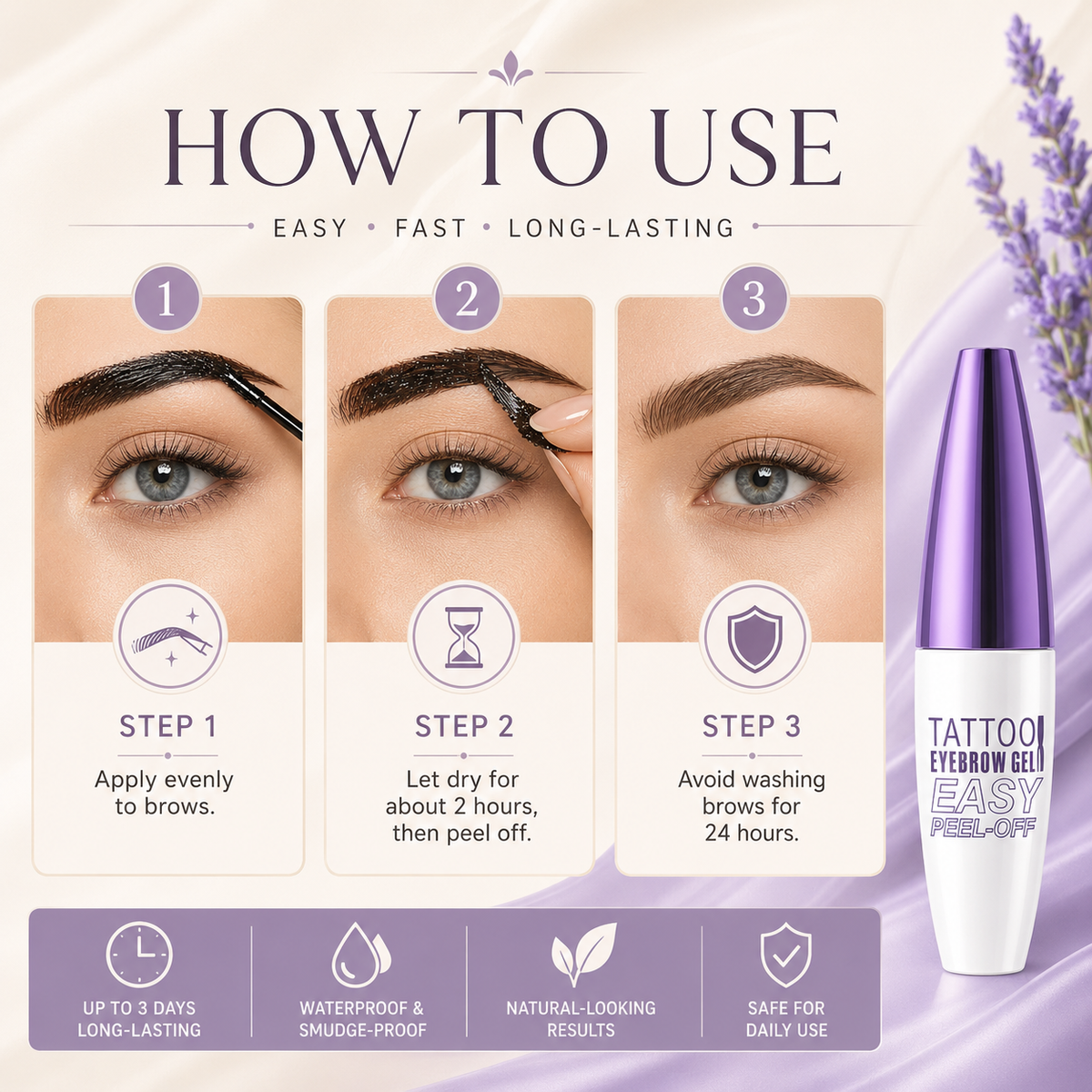 Three steps for using peel-off eyebrow gel