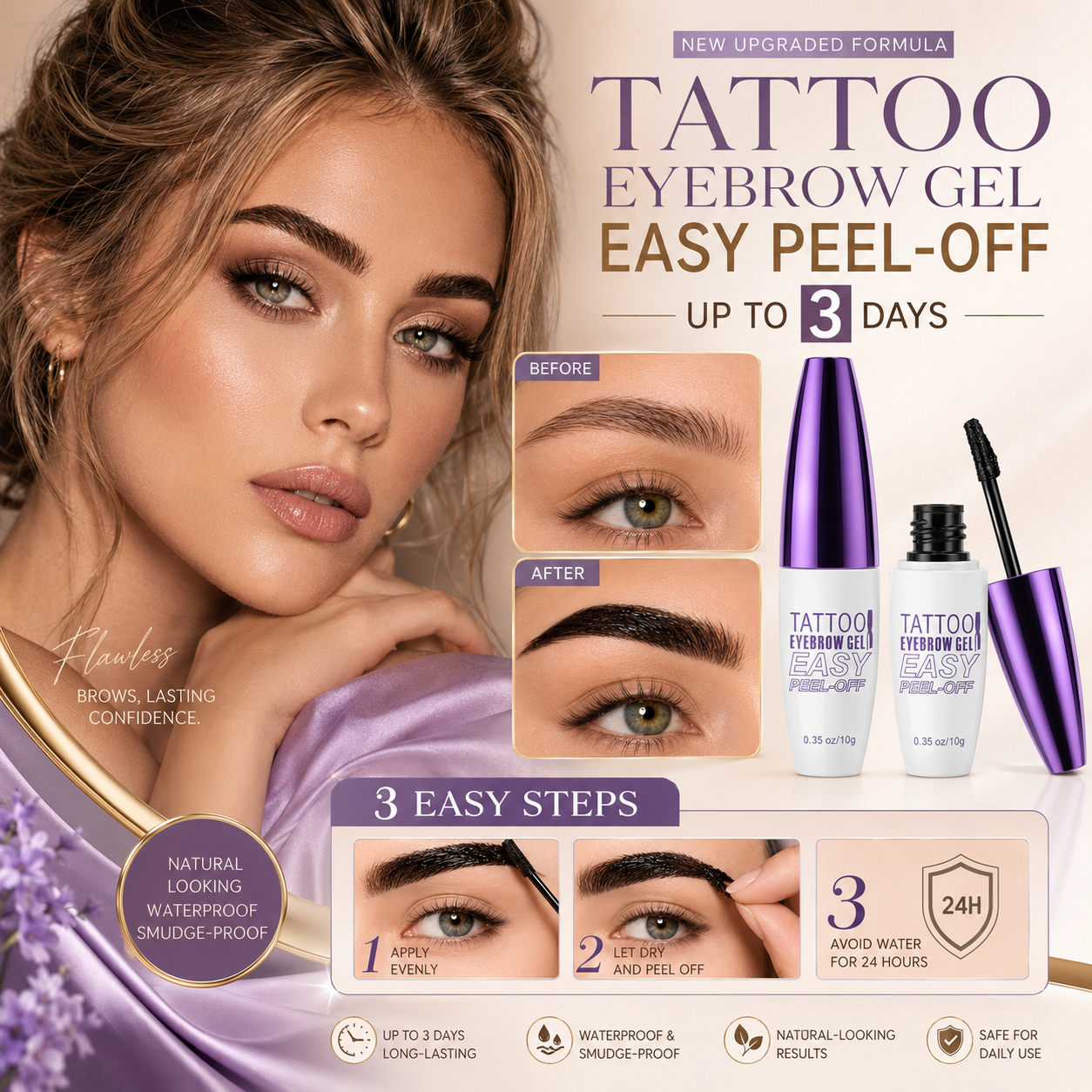 Peel-off eyebrow gel with European beauty model and application steps
