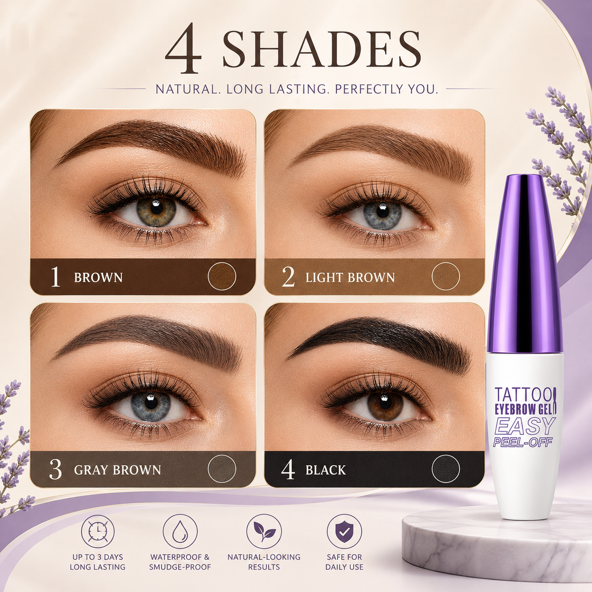 Four peel-off eyebrow gel shades