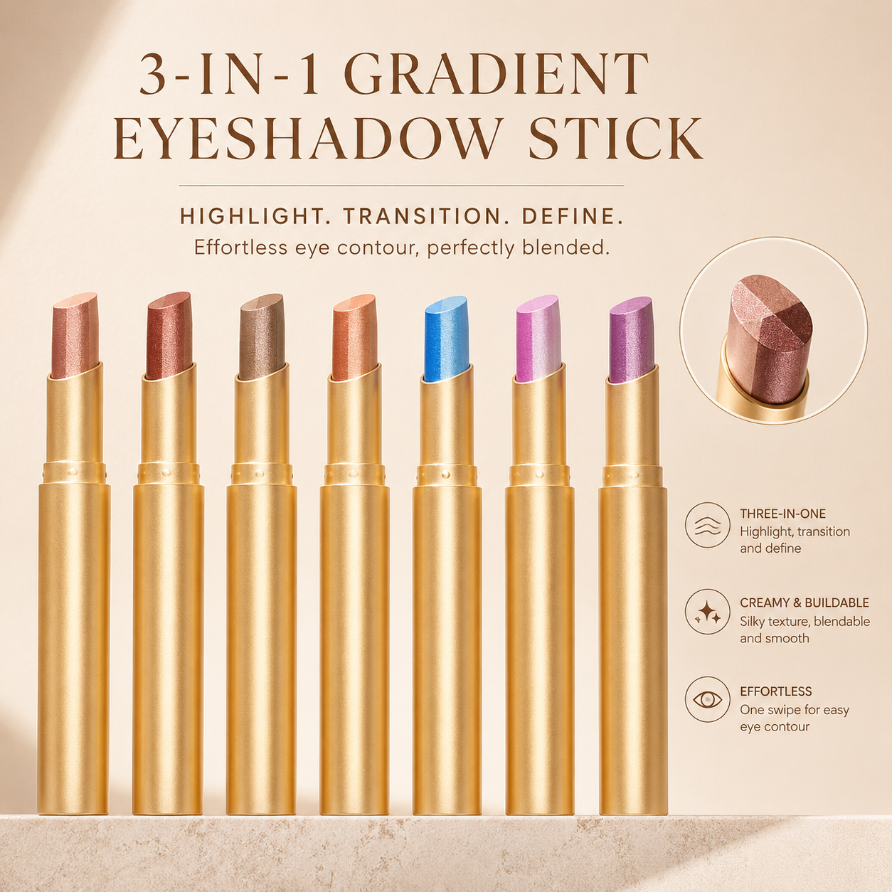 3-in-1 gradient eyeshadow stick collection with curved three-tone tips
