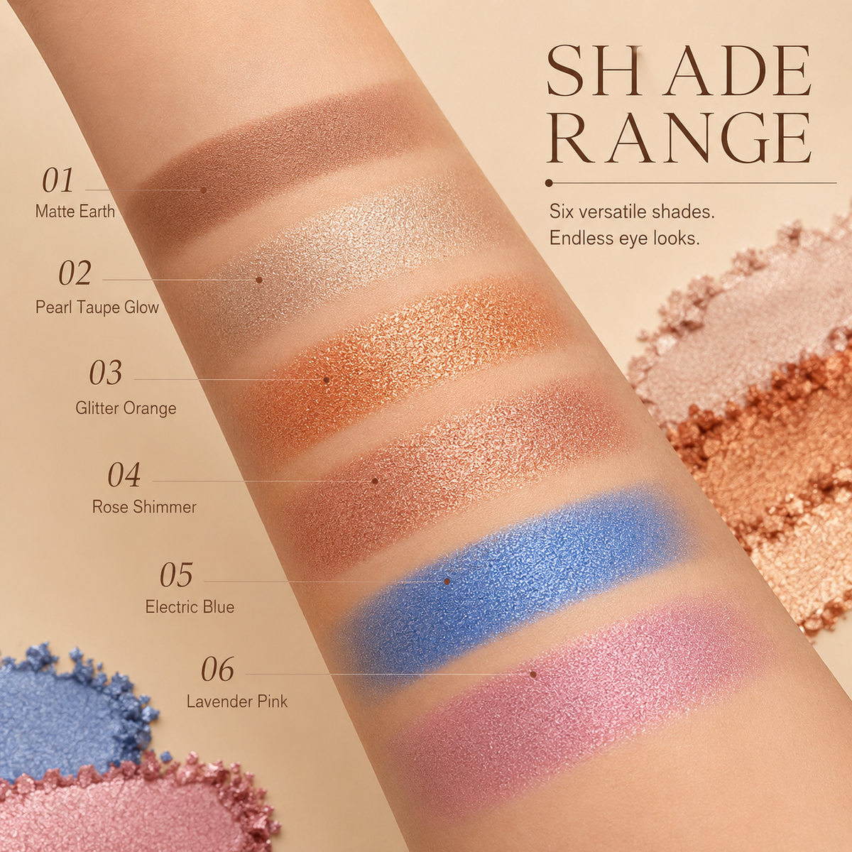 Arm swatches showing six eyeshadow stick colours