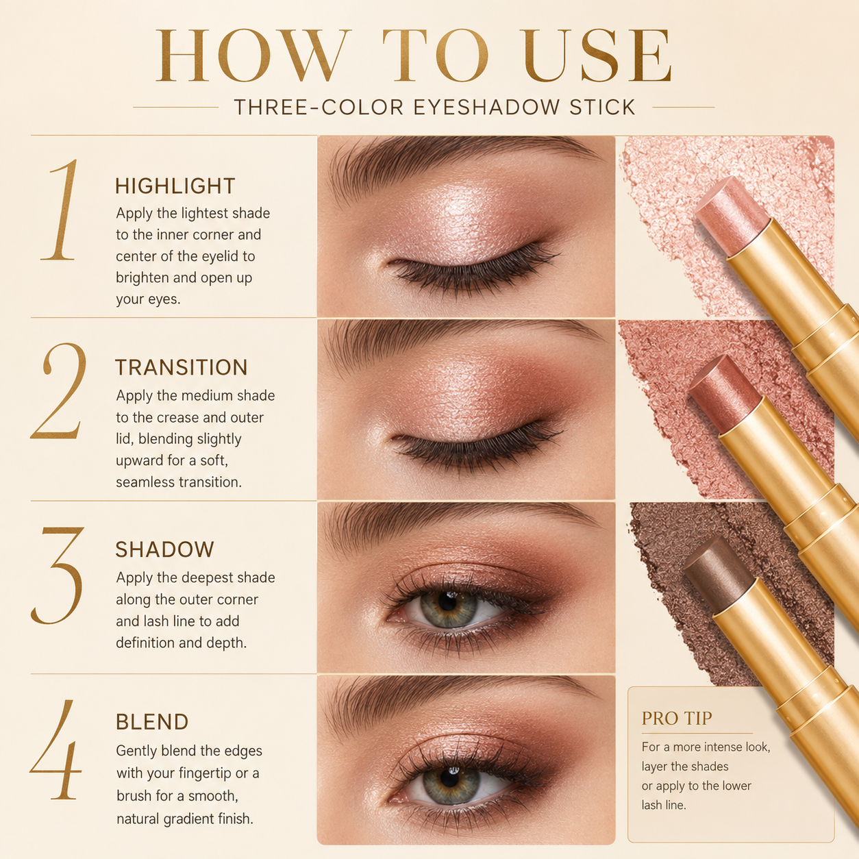 How to use the 3-in-1 eyeshadow stick in four steps
