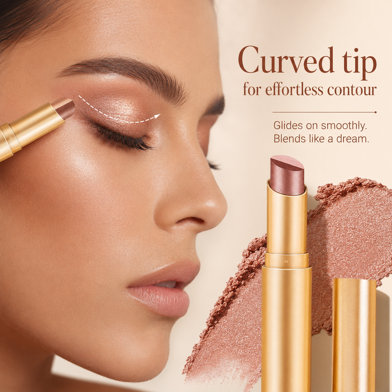 Curved tip of the eyeshadow stick following the eyelid contour