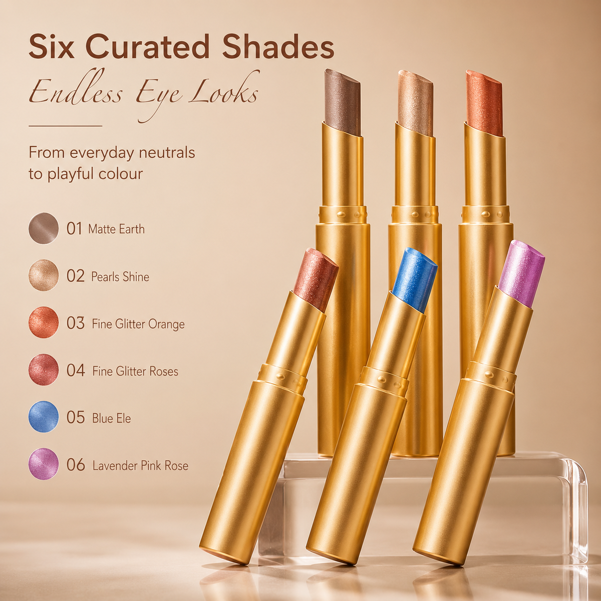 Six shades of the 3-in-1 gradient eyeshadow stick