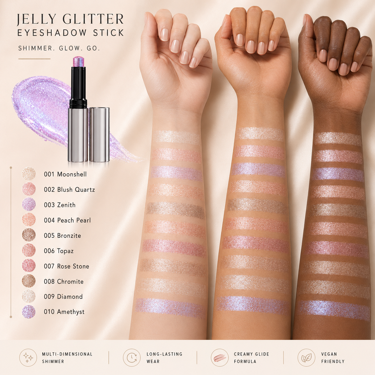 Ten shimmer gel eyeshadow shades swatched on fair medium and deep skin tones