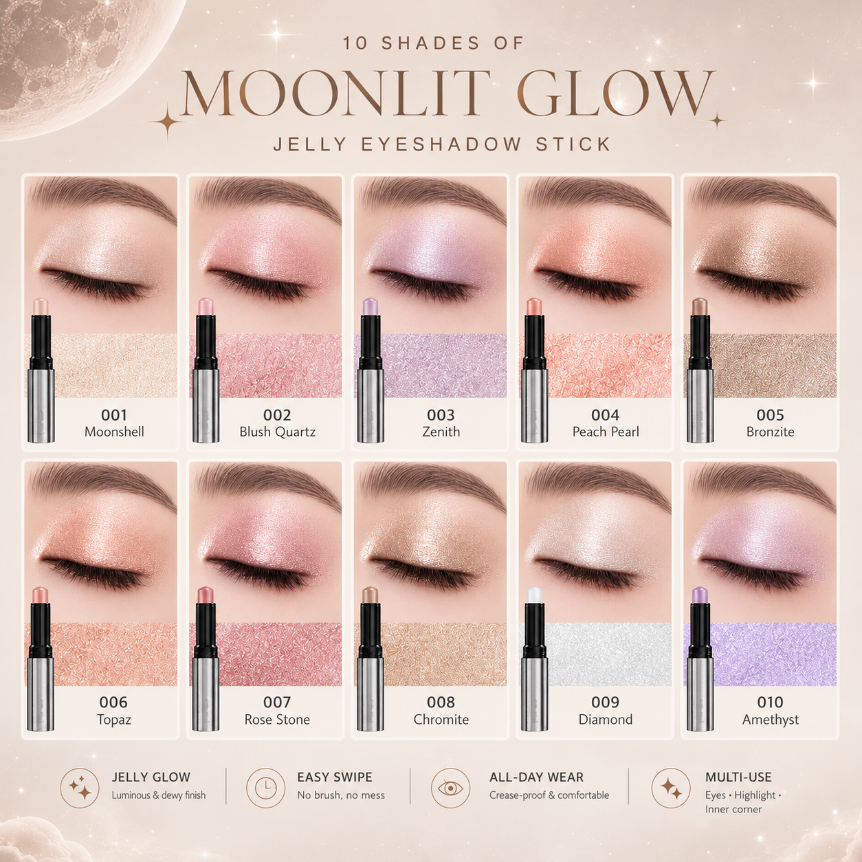 Complete ten shade Shimmer Gel Eyeshadow Stick color guide