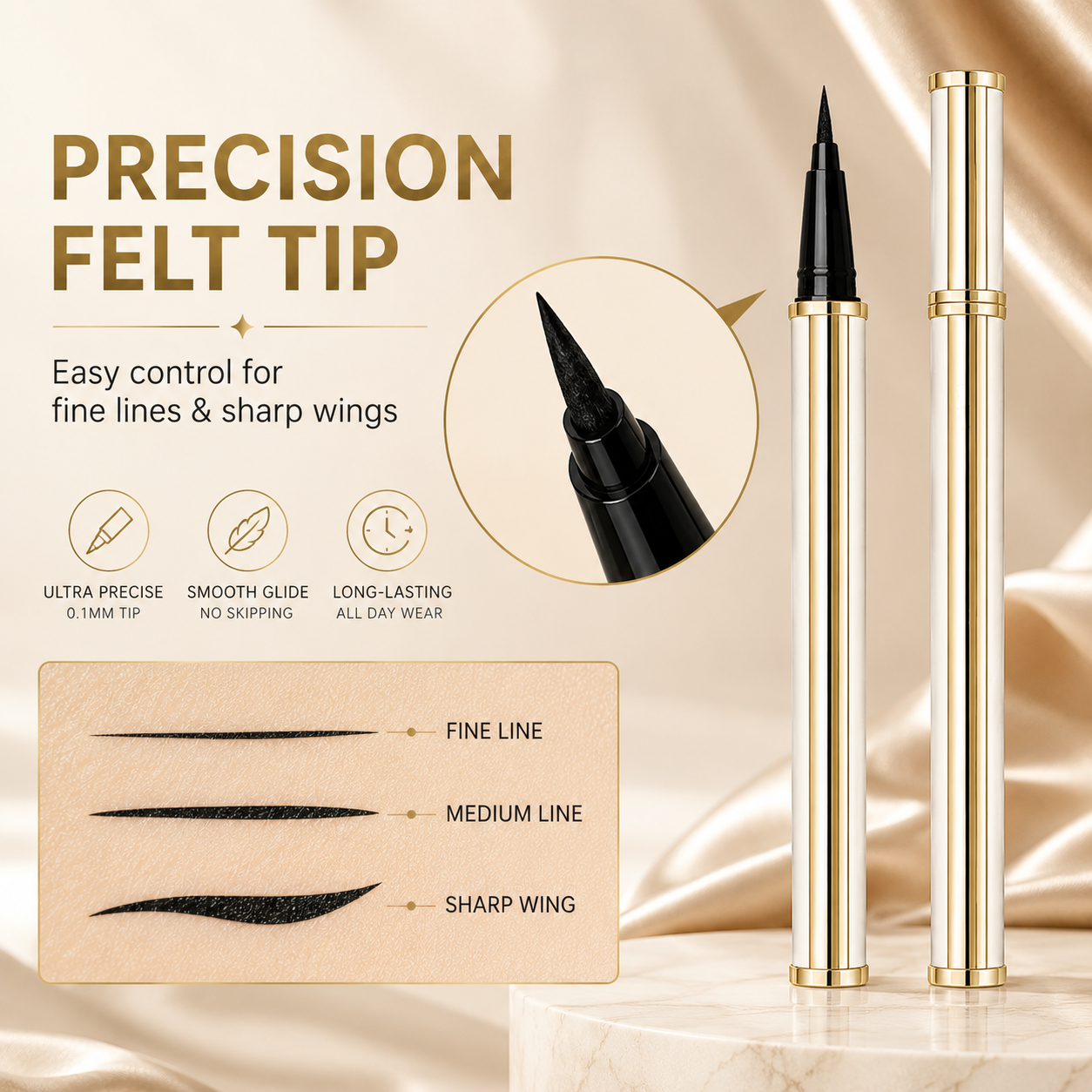 Close-up of the precision felt tip with fine, medium and winged eyeliner strokes