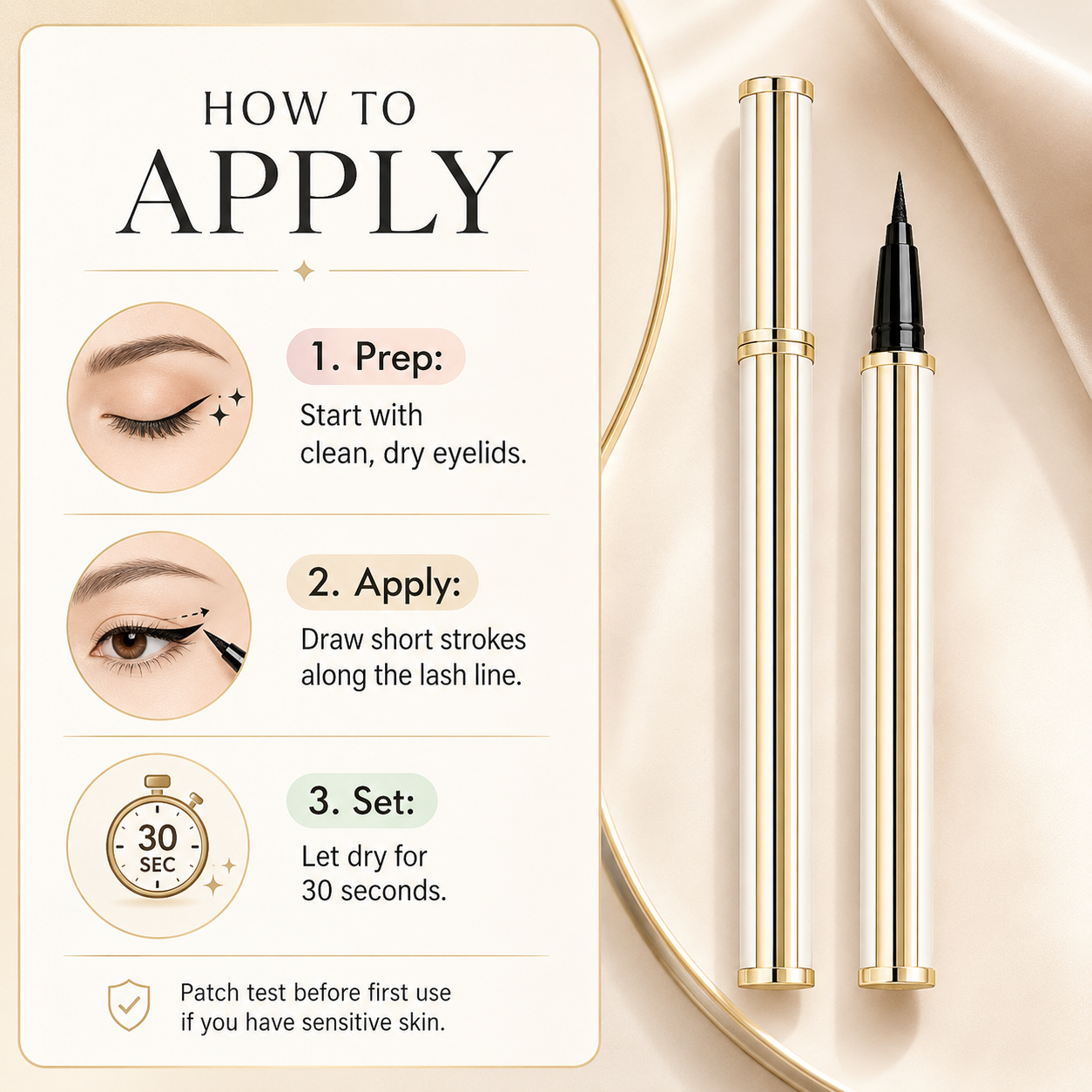 Three-step guide for applying Precision Glide liquid eyeliner