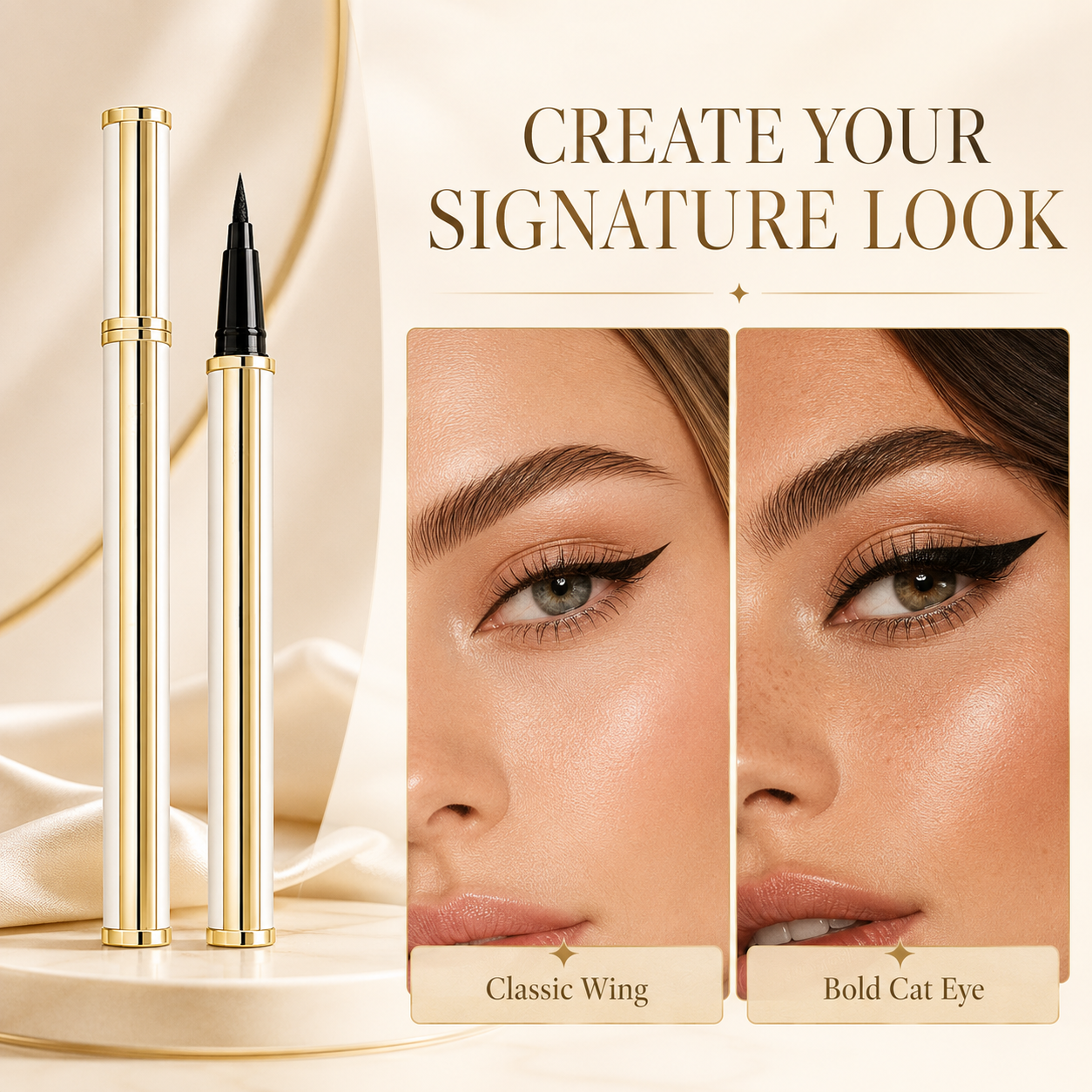 Classic wing and bold cat-eye looks created with Precision Glide eyeliner