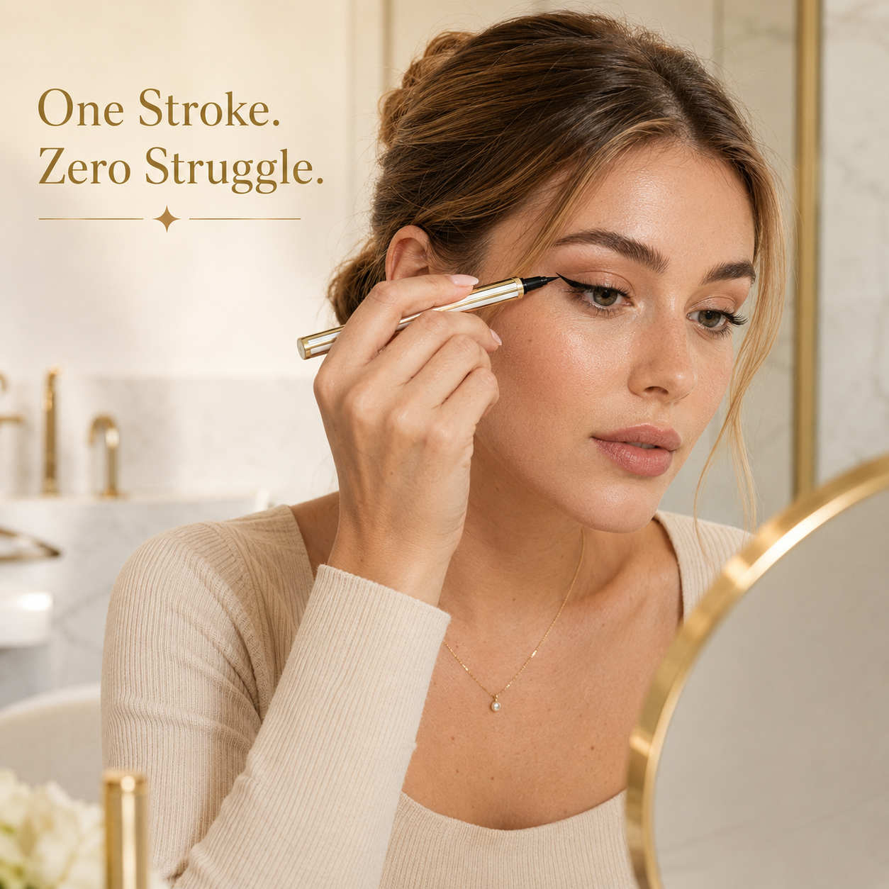 Woman applying Precision Glide eyeliner at a bathroom vanity