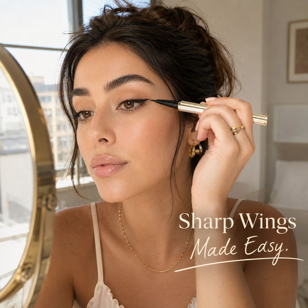 Beauty creator using the eyeliner pen to create a sharp wing