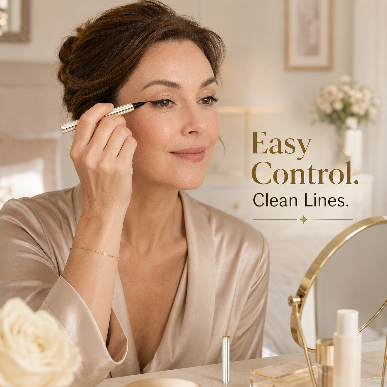Mature woman applying Precision Glide eyeliner with easy control