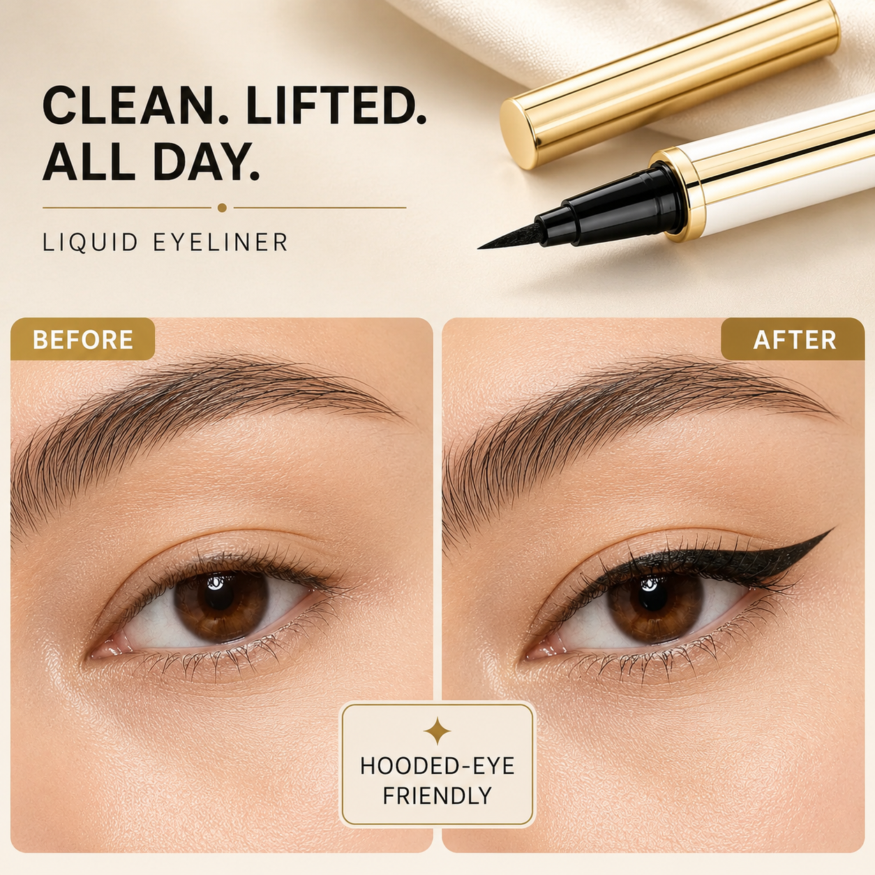 Before and after winged eyeliner comparison for hooded eyes