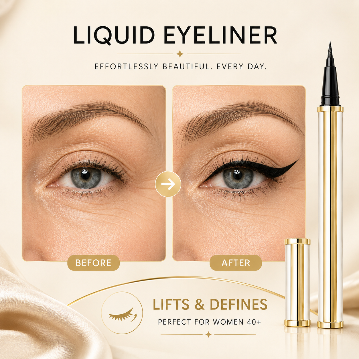 Before and after eyeliner comparison on a mature eye
