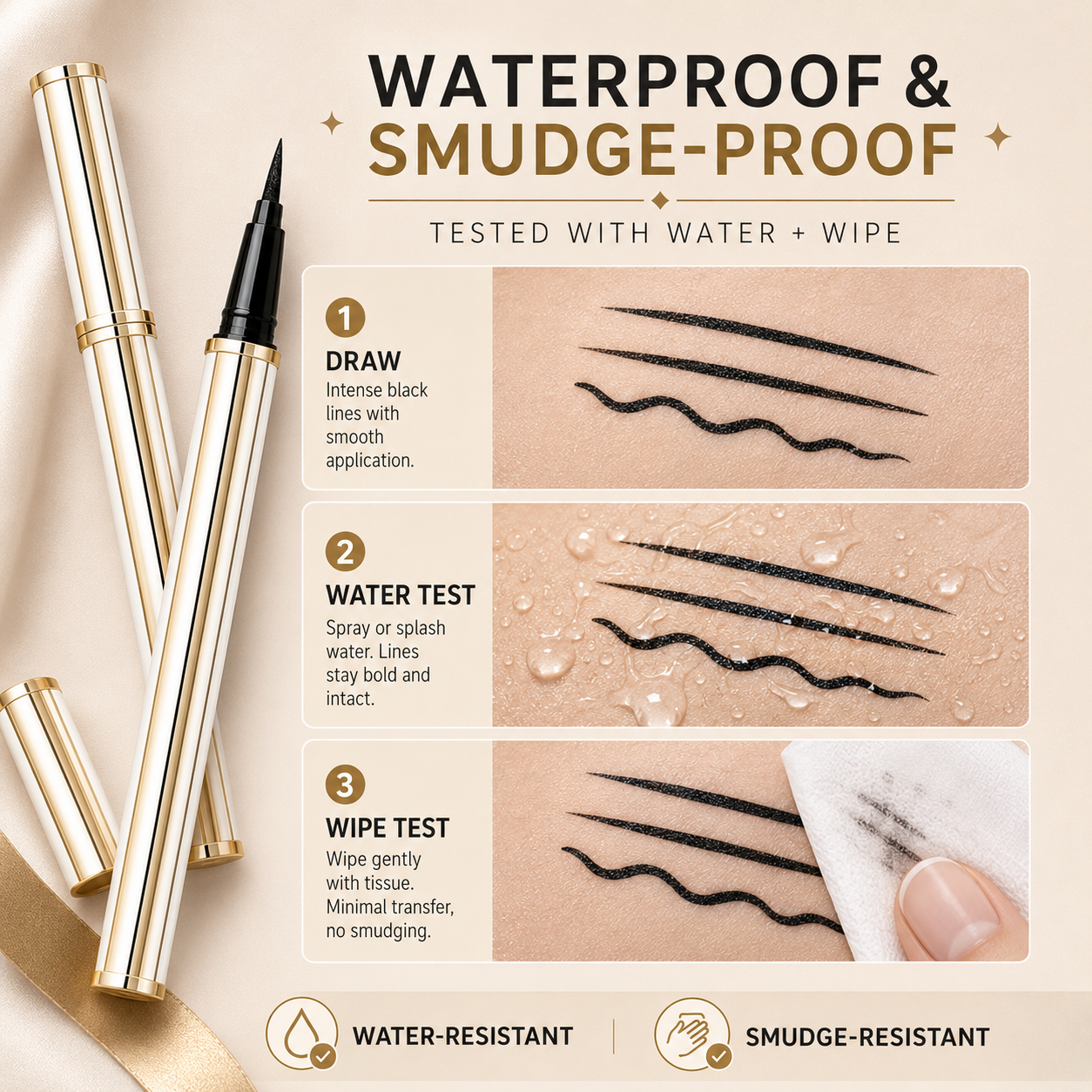 Water and wipe resistance test for Precision Glide liquid eyeliner