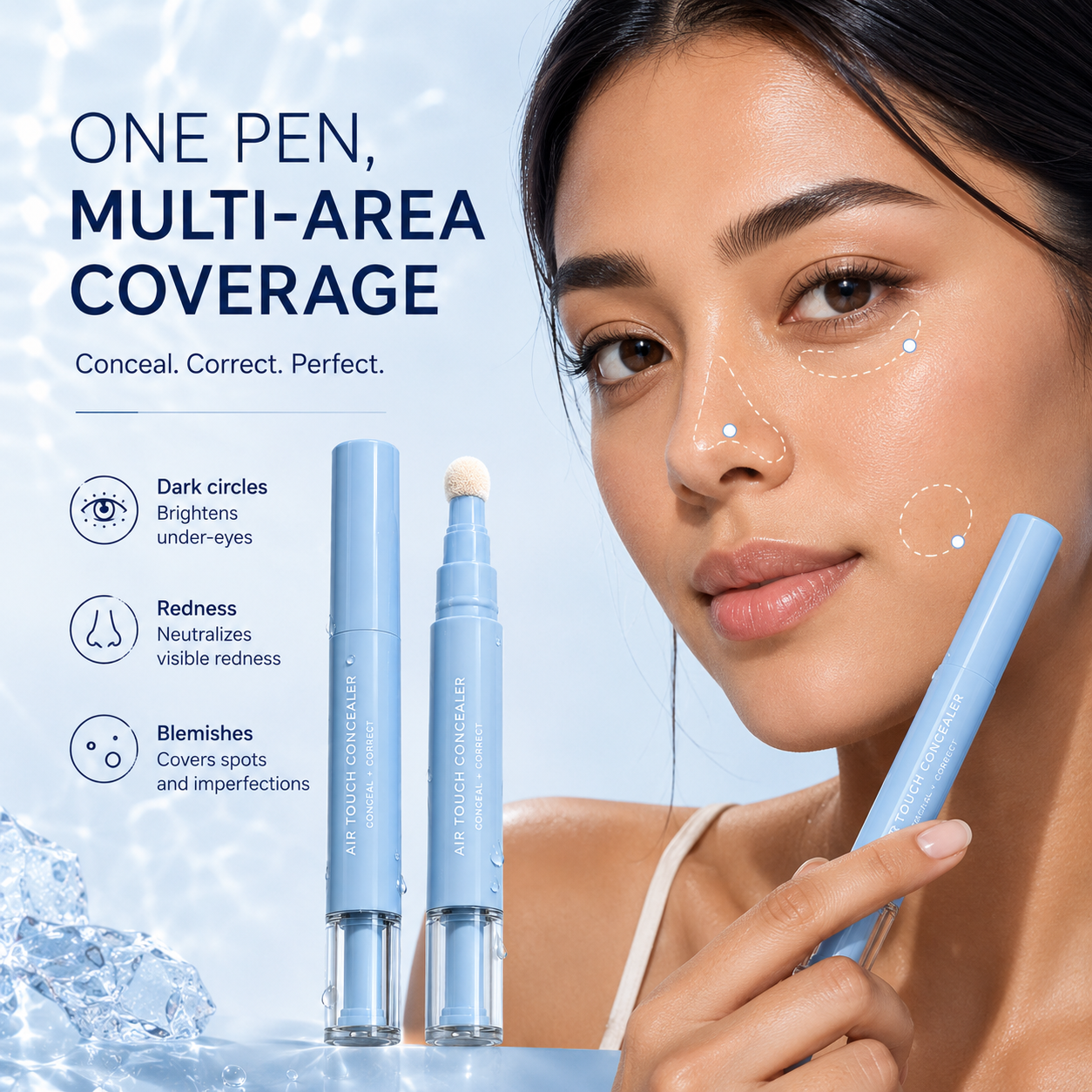 Concealer pen use areas including under eyes, nose and blemishes