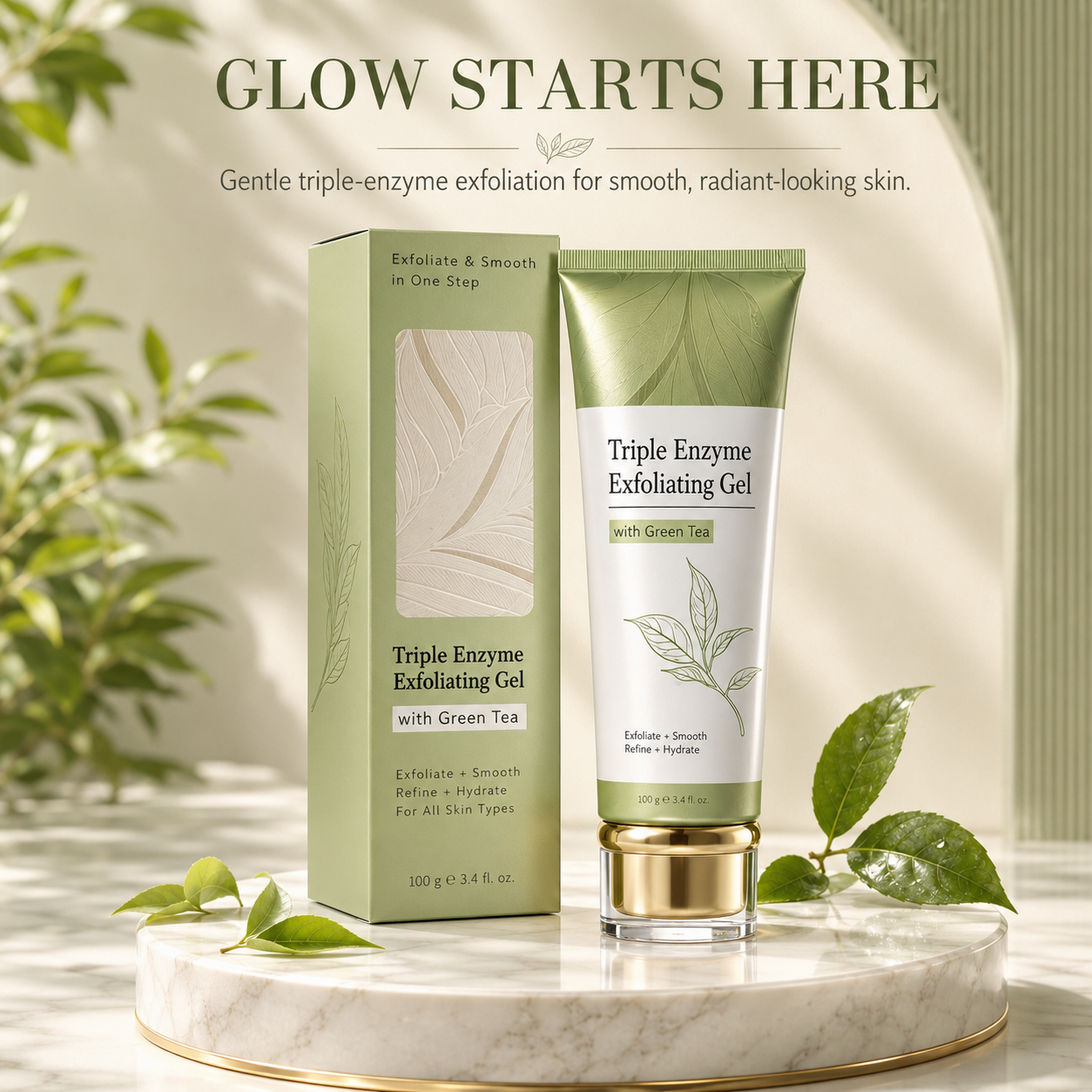 Triple Enzyme Exfoliating Gel with green tea and matching packaging