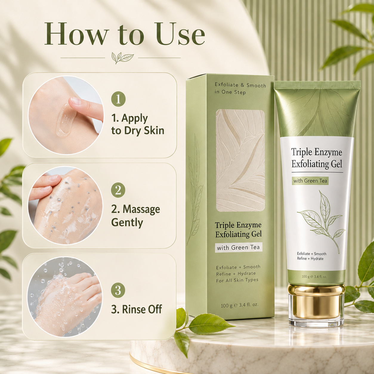 How to use the triple enzyme exfoliating gel in three steps