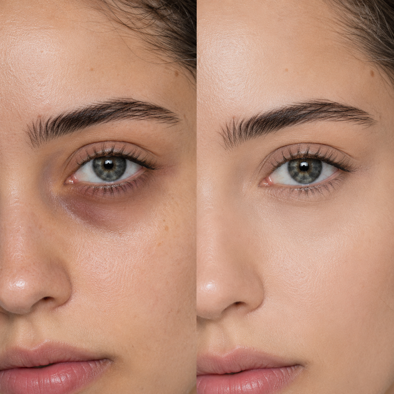 Close-up before and after dark circle coverage