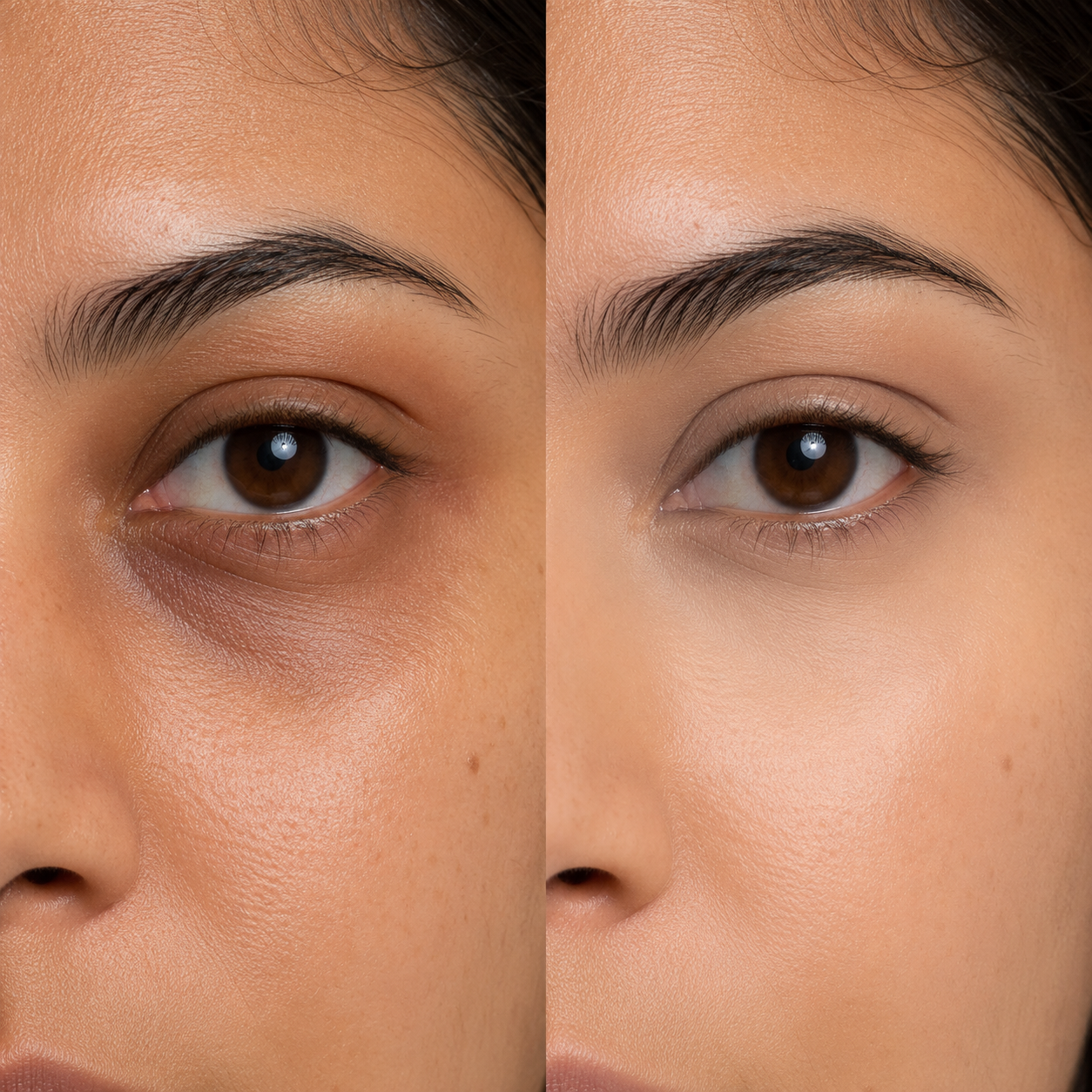 Before and after concealer result on medium skin tone